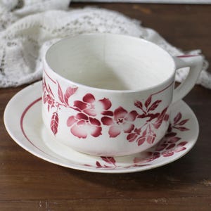 Vintage set of French Coffee Cup and Saucer - Floral Cherry Coffee with Milk cup and saucer