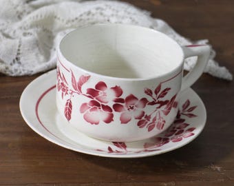 Vintage French Coffee Cup and Saucer Set: Floral Transferware, Faiencerie FF Avril Model