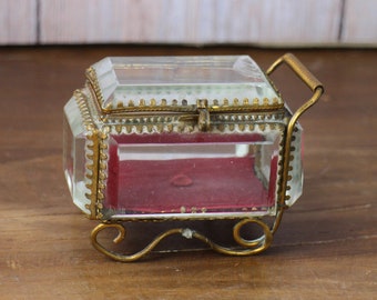 Antique French Glass Jewelry Box - Vintage Jewellery Casket Gilt Bronze