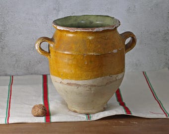 Vaso per confit francese vintage - Vaso per confit giallo antico - Vaso per confit smaltato ocra - Vaso terra de fer - Vaso in ceramica rustica