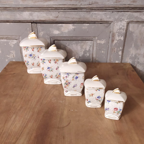 Lot de 5 boîtes de rangement vintage en porcelaine, France - Récipients à épices - Boîtes de conserve de cuisine - Pots à épices
