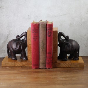Vintage Wood Bookends Elephants - Handcarved Wooden Elephants Book Ends