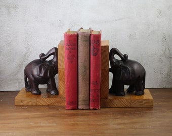 Vintage Wood Bookends Elephants - Handcarved Wooden Elephants Book Ends