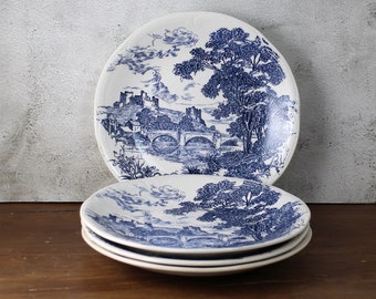 Set of 4 blue Vintage French Plates -  Landscape Transferware