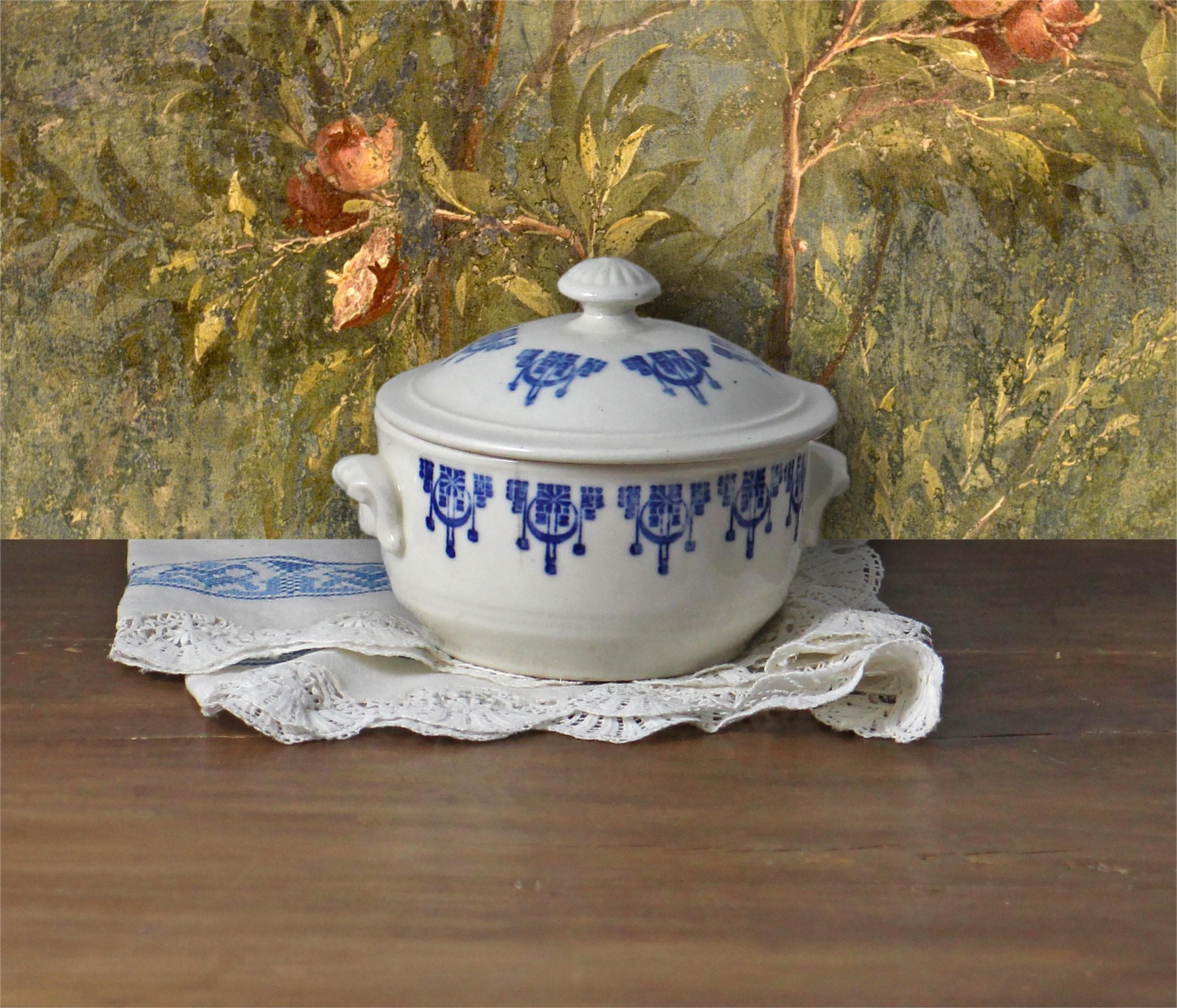 RESERVED for Julie - Vintage Ceramic Tureen Small  Blue and White Tureen -  Saint-Uze factory from the 1930s with Art Deco motifs