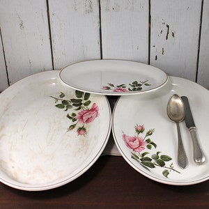 3 Vintage White Ironstone Platters, Oval Serving platters, Rose transferware - Christmas dinner