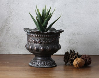 Vintage French Pedestal Cup: Embossed Ornate Planter, Farmhouse Decor