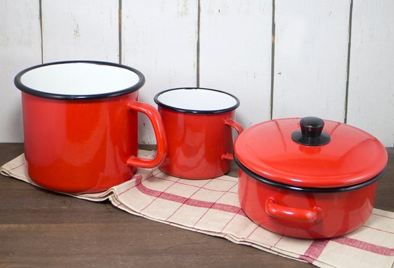 3 Vintage Enamel Red Saucepans and Pans, Vintage Enamelware Enamel Cooking  Pots Enamel Boiler Pans Enamel Pots Farmhouse Cookware 