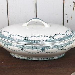 Vintage French Tureen, Antique Ironstone green transferware Soup Bowl With Lid - Moulin des Loups & Hamage Provence