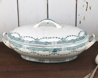 Vintage French Ironstone Tureen: Moulin des Loups Green Transferware