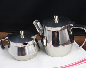 Retro Vintage Stainless Steel tea serving set - Teapot and sugar bowl - Individual