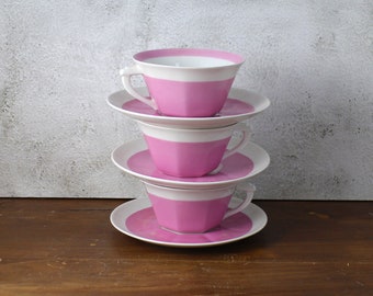 Set of 3 French tea cups Limoges - Pink Limoges tea cups - Midcentury cups