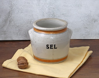 Vintage French Stoneware Salt Crock – Antique "SEL" Pottery Jar – French Country Kitchen Decor – Rustic Farmhouse Salt Cellar – Grès Ceramic