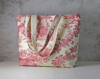 Toile Tote Bag Vintage new fabric - Crimson and Cream Toile Tote Bag - Red Toile de Jouy upcycled fabric Tote bag