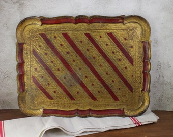 Vintage Florentine Tray - Italian Florentine Tray - Gold, red tray - Boho tray