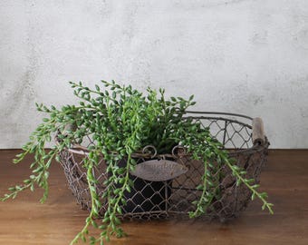 Cesto da giardino vintage in filo metallico con manici in legno / Cesto rustico in metallo per la raccolta di frutta / Cesto per la frutta da cucina in stile rustico