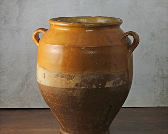 Antique Large French Confit Pot - Antique Yellow confit pot - Rustic Provencal Pottery - Country Kitchen Decor - 32cm high