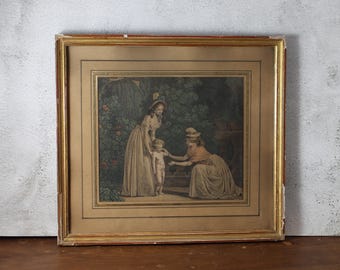 Impresión francesa vintage enmarcada - Grabado a color estilo siglo XIX - Escena romántica de jardín - Decoración antigua para el hogar