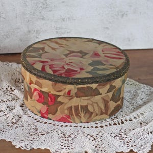 Antique French Boudoir Box - Rare Antique French Fabric Box Round Cartonnage - Faded Flowers
