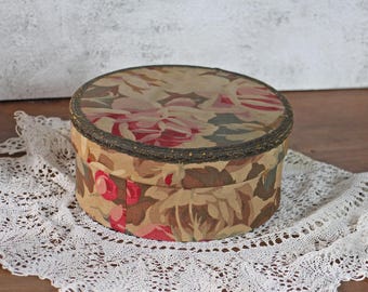 Antique French Boudoir Box: Rare Floral Cartonnage Fabric Box