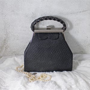 Vintage 1930s Black Leather Handbag – French Classic Structured Purse with Braided Handles