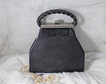 Bolso vintage de cuero negro de los años 30: bolso clásico francés estructurado con asas trenzadas