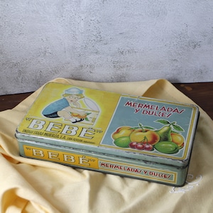 Boîte en fer blanc antique - Boîte en fer blanc vintage - Boîte à confiture et bonbons lithographiée - Espagne