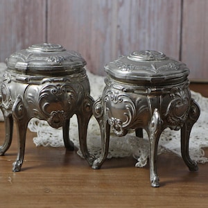 1 Vintage French Jewelry box - Silver Trinket box - Antique footed Jewelry box - Red Silk padded - Ornate casket jewelry box