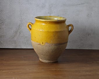 Olla de confitería francesa pequeña vintage - Olla de confitería amarilla antigua - Olla de confitería glaseada en ocre - Olla Terre de fer - Olla de confitería miniatura rara