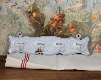 Toallero de té antiguo esmaltado francés: decoración de cocina rústica vintage