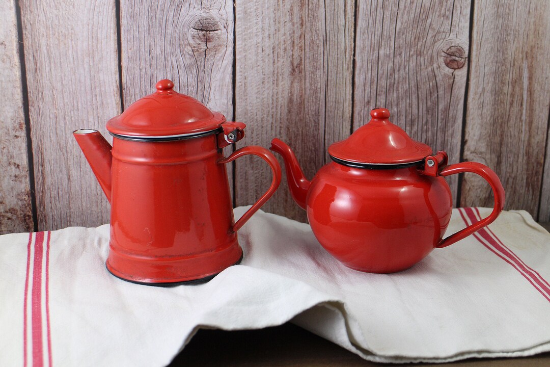 Vintage Enamel Coffee Pot and Teapot, Vintage Red Enamelware Pots Etsy