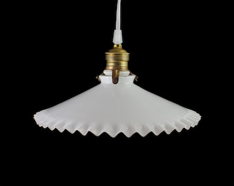 Vintage Ruffled Opaline Glass Pendant Lamp - French Pendant Light - White Glass Ceiling Lamp -Milk Glass Shade