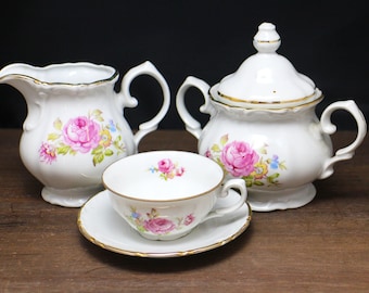 Antique Coffee Set de 6 tasses, 6 soucoupes, bol à sucre et crème - Roses de porcelaine fine avec ensemble de café de jante d’or