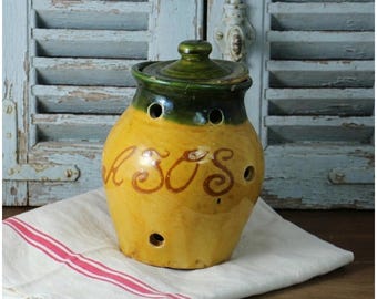 Vintage Ceramic Garlic Pot: Rustic Terracotta Kitchen Decor, Rustic Pottery Crock - storage jar