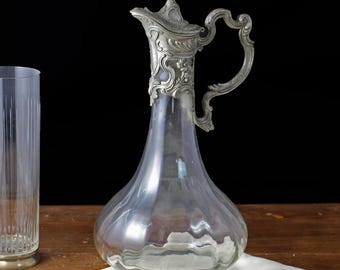 Jarra francesa antigua - Art Nouveau, vidrio facetado y peltre ornamentado