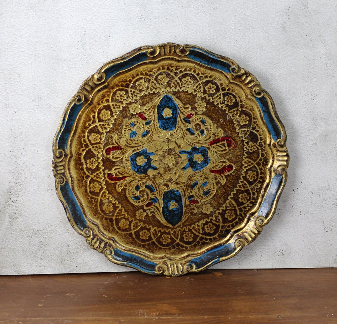 Vintage Florentine Tray - Italian Florentine Tray - Gold and Blue Tray ...