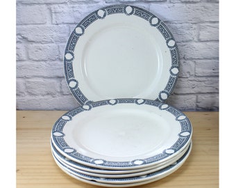 Set of 6 Vintage French Ironstone Plates: Blue Transferware - Salins BM Terre de fer modèle Saïda