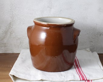 Vintage French Glazed Terracotta Pot: Rustic Stoneware Crock