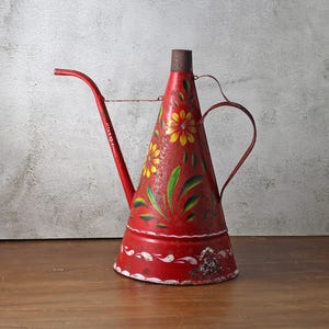 Vintage Red Hand-Painted Oil Can with Floral Design - Home decor