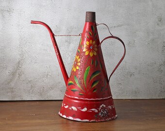 Aceitera vintage roja pintada a mano con diseño floral - Decoración del hogar