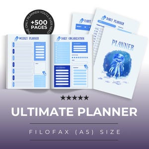 Puede incluir: Un planificador abierto con páginas azules y blancas, con diseños semanales y diarios. La portada muestra un diseño de medusa en acuarela. El texto dice "Ultimate Planner" y "Filofax (A5) Size". El planificador tiene más de 500 páginas.