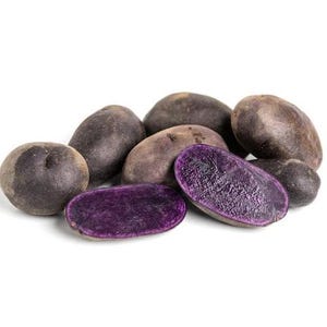 May include: A collection of purple potatoes, some whole and others cut open to reveal their vibrant purple flesh. The potatoes have a dark, earthy skin tone, with a few showing a lighter, more reddish hue. The cut potatoes display a rich, deep purple color.