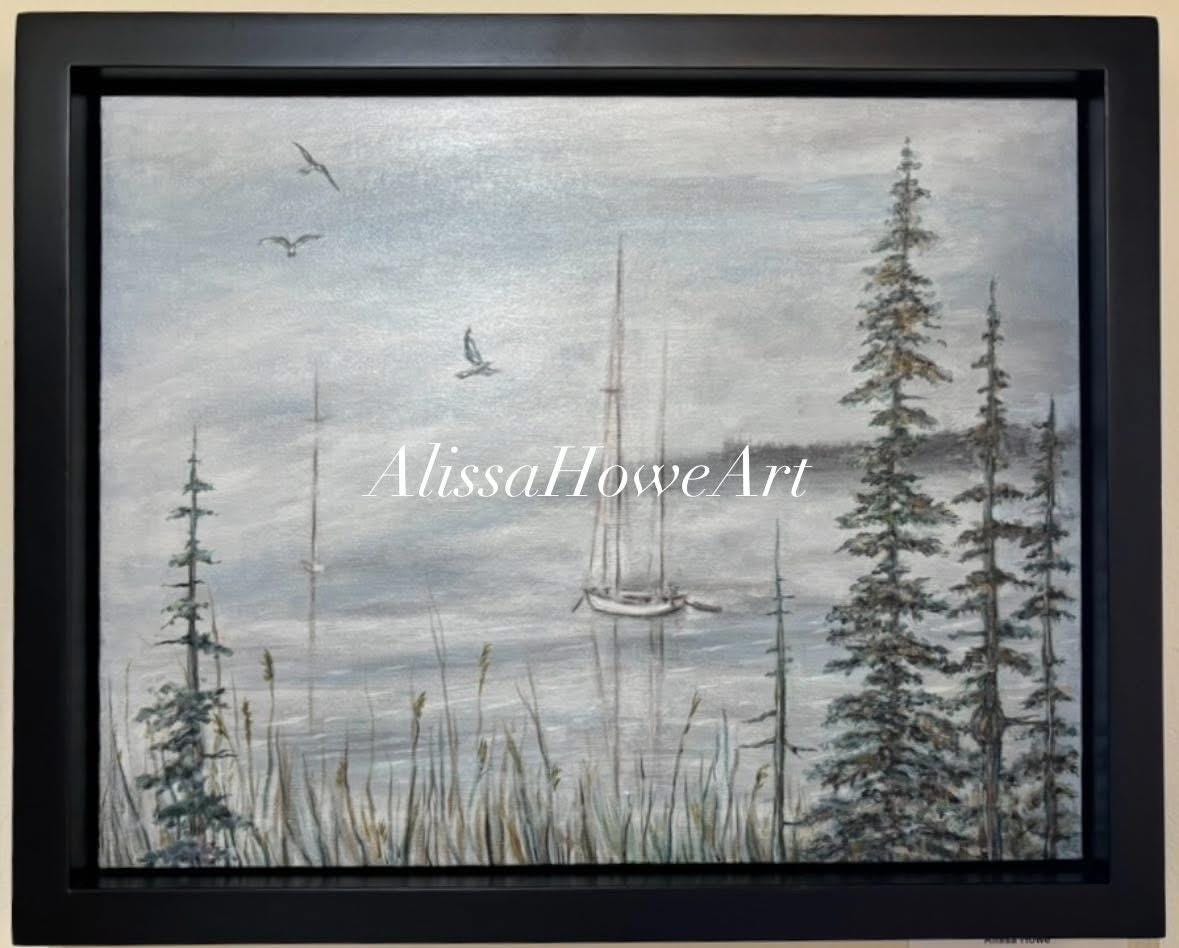 霧深いメイン州の港の絵画：ポート・クライドの海岸美術 - Etsy 日本