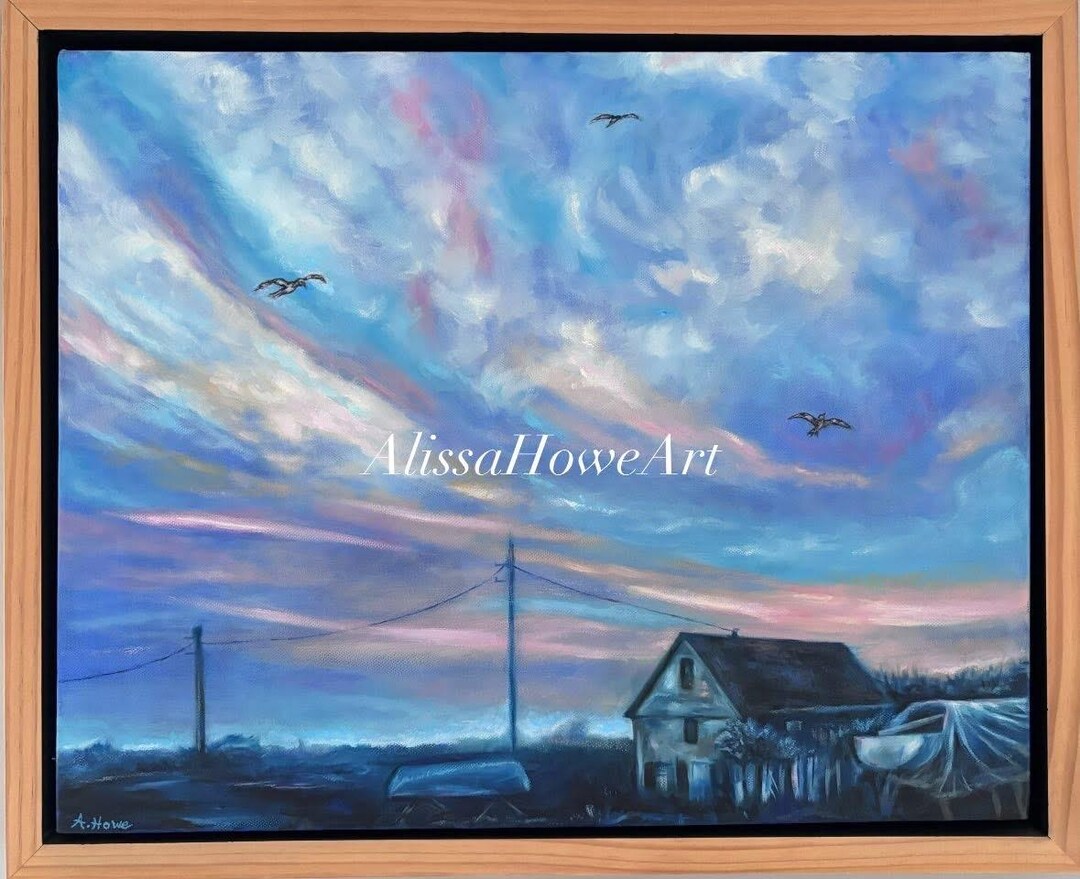 水彩画(油彩額) 額入りボートヤード油絵：地球と空のアート、18x22 - Etsy 日本