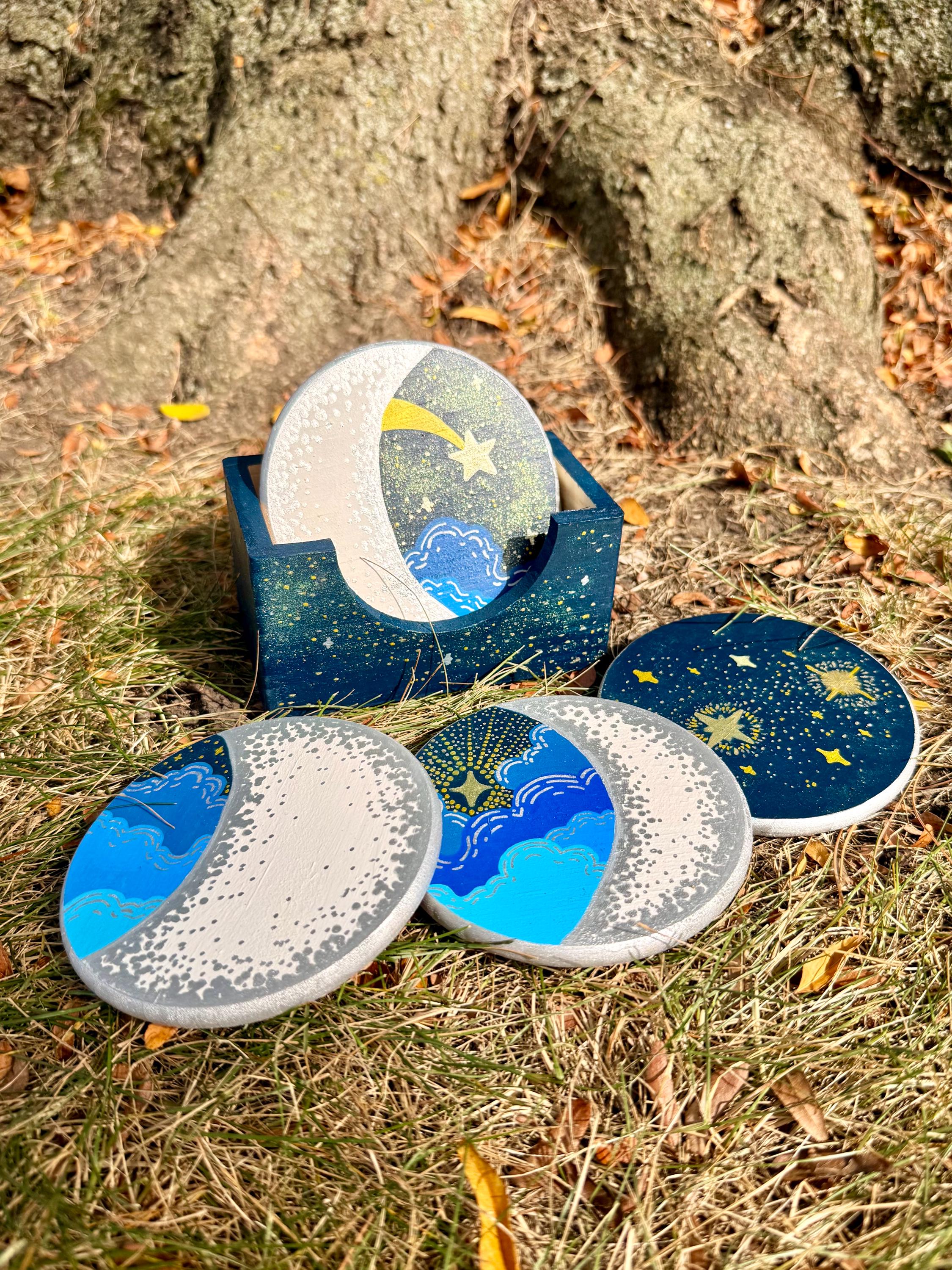 Moon Rug Coaster Lunar Phase Coaster Set | Hand-painted Moon & Stars, Celestial Decor - Etsy
