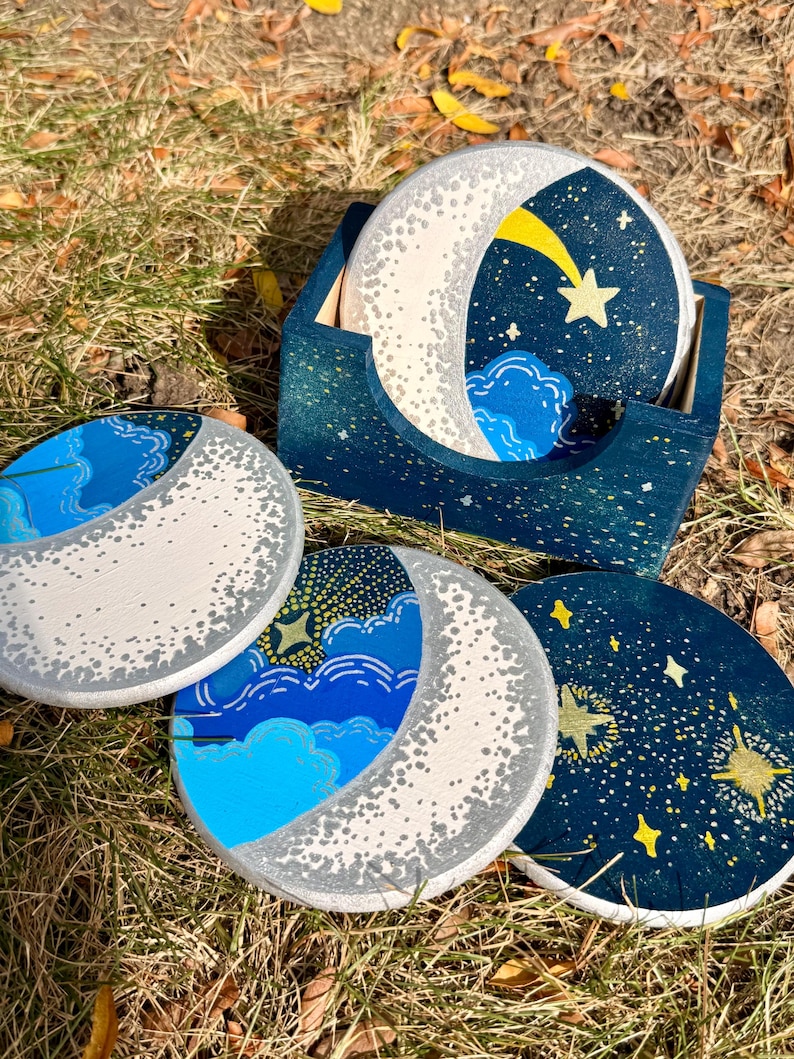 Moon Rug Coaster Lunar Phase Coaster Set | Hand-painted Moon & Stars, Celestial Decor - Etsy