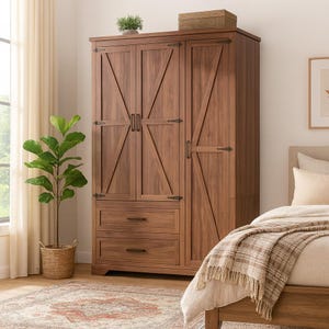 Farmhouse Wooden Armoire Closet | 3 Doors, Shelves & Hanging Space