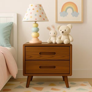 Solid Oak Nightstand: Mid-Century Modern Bedside Table with 2 Drawers