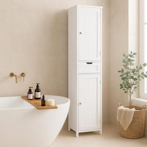 Slim White Storage Cabinet: 67&quot; Tall Bathroom Organizer, Adjustable Shelves