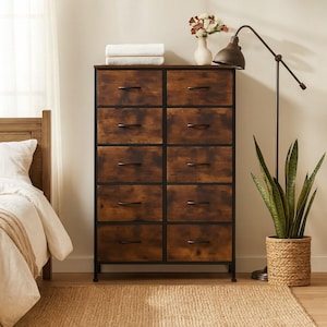 Bedside Table with 10 Fabric Drawers – Storage Cabinet for Bedroom & Living Room